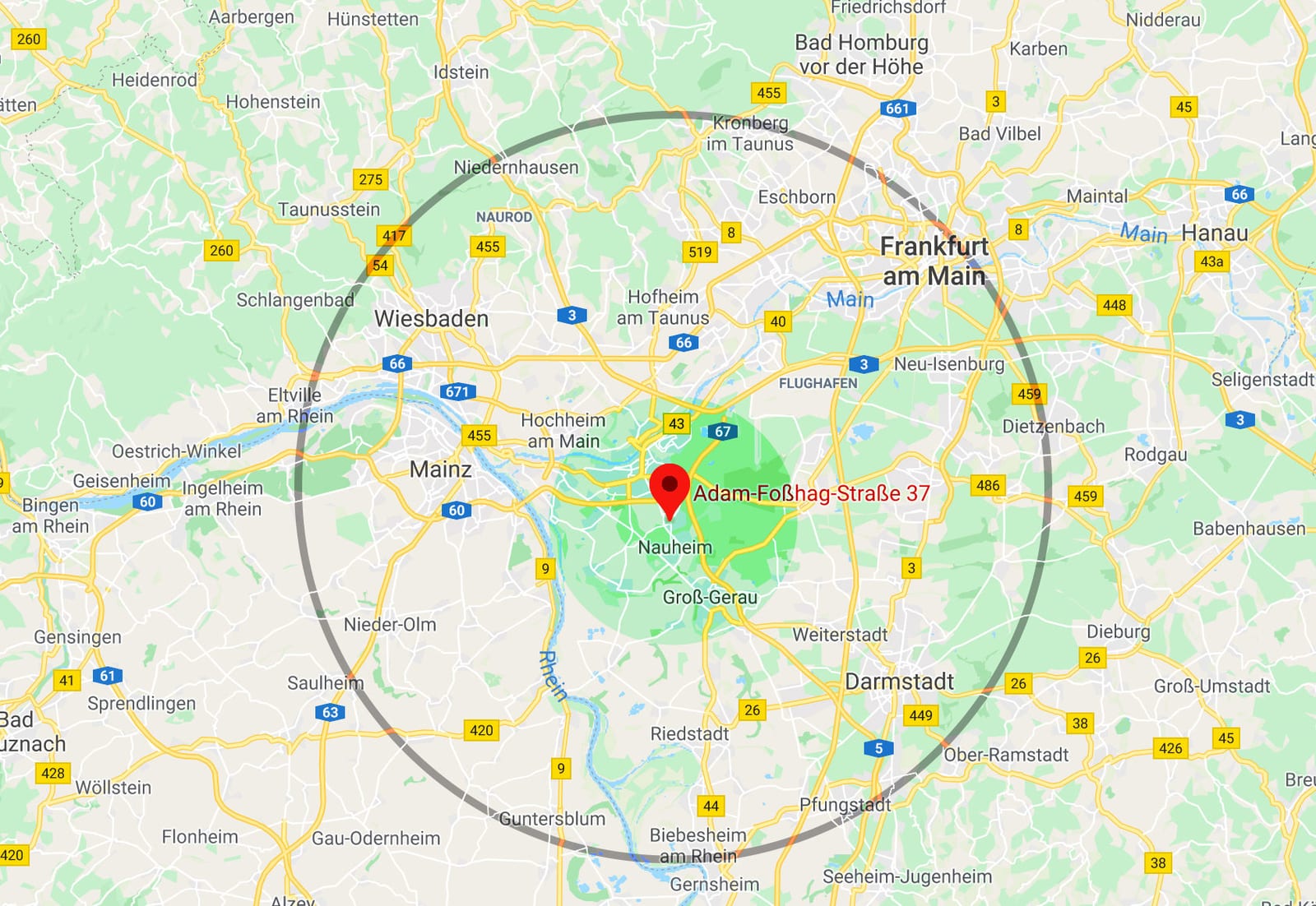 Map of the travel cost areas: the green area around Rüsselsheim am Main, the outer circle reaching from Wiesbaden and Kronberg im Taunus to Darmstadt and Dietzenbach.
