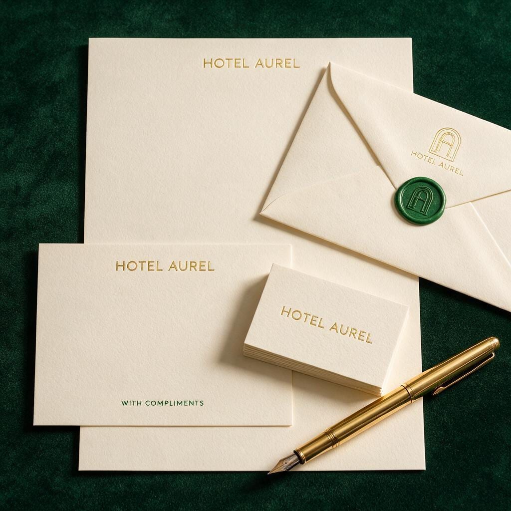 Hotel Aurel Briefpapier, Umschlag mit grünem Wachssiegel, Grußkarte, Visitenkarte und Füllfederhalter auf grünem Samt