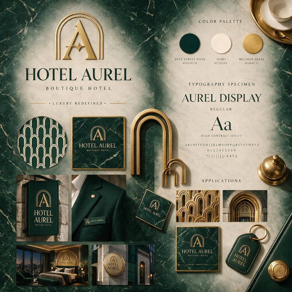 Hotel Aurel Identity-Board: Monogramm A im Bogen, Farbpalette in Waldgrün, Elfenbein und Messing, Schriftmuster und Bogenmuster