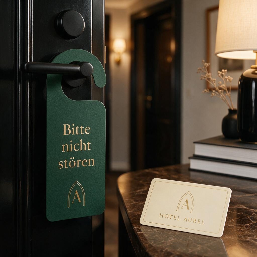 Grüner Türhänger „Bitte nicht stören“ mit Monogramm an einer Türklinke, davor eine Schlüsselkarte