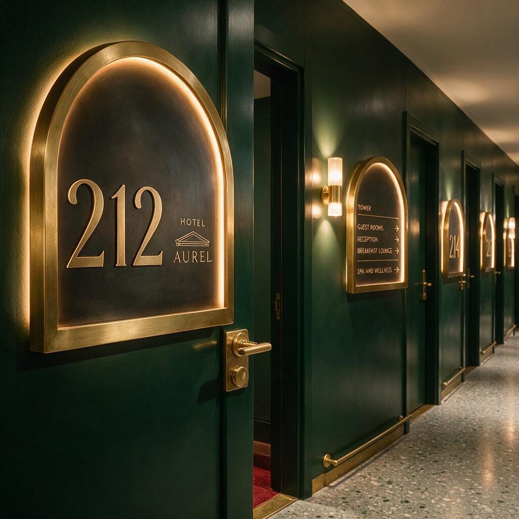 Hotelflur mit dunkelgrünen Wänden und bogenförmigen Zimmerschildern aus Messing, vorne die Zimmernummer 212