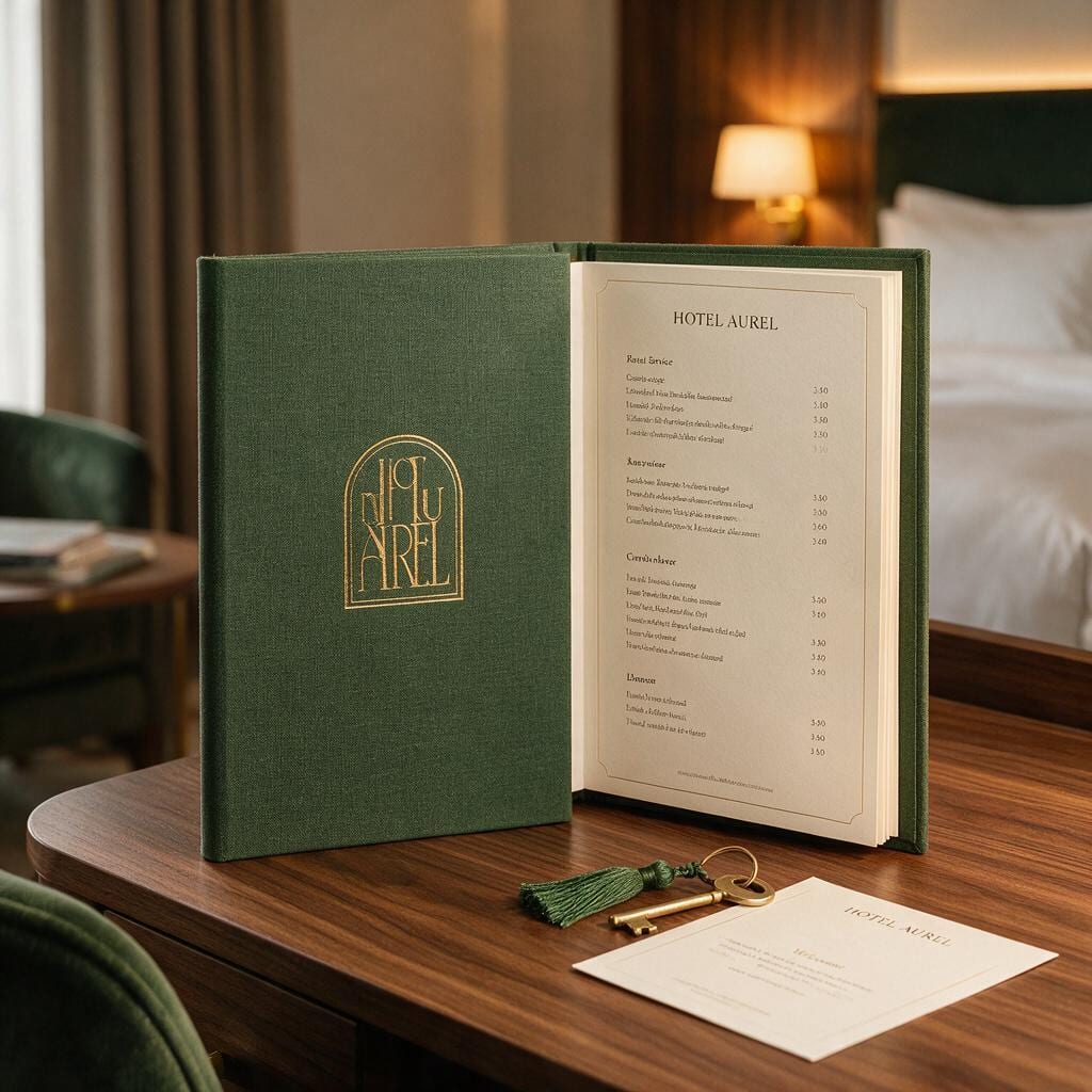 Aufgeschlagene Zimmermappe des Hotel Aurel in grünem Leinen mit Messingprägung auf einem Nussbaumtisch
