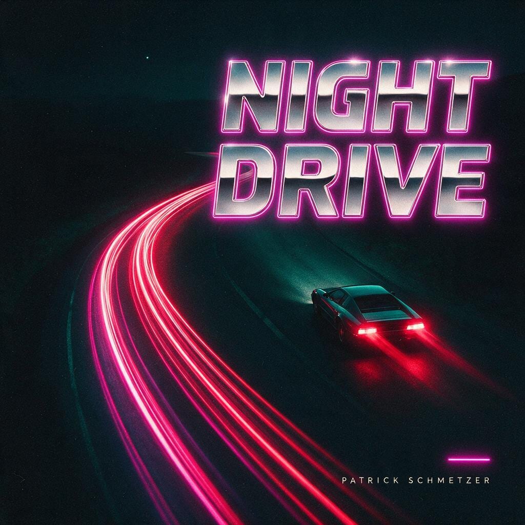 Cover „Night Drive“: Chromschrift in Neonpink über einem Auto mit langen roten Lichtspuren in der Nacht