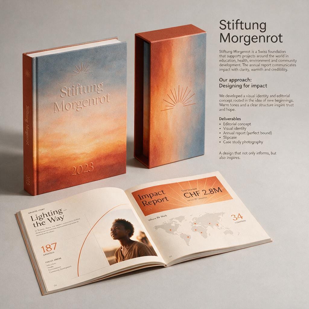 Geschäftsbericht „Stiftung Morgenrot“ mit Farbverlauf wie ein Sonnenaufgang, Schuber und aufgeschlagener Doppelseite