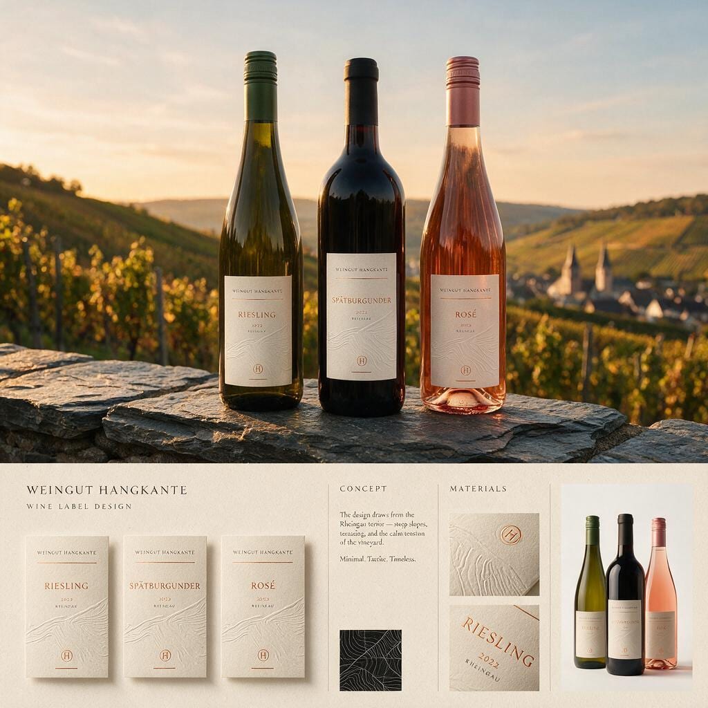 Drei Weinflaschen „Weingut Hangkante“ mit weißen Etiketten und Höhenlinien vor Weinbergen im Abendlicht
