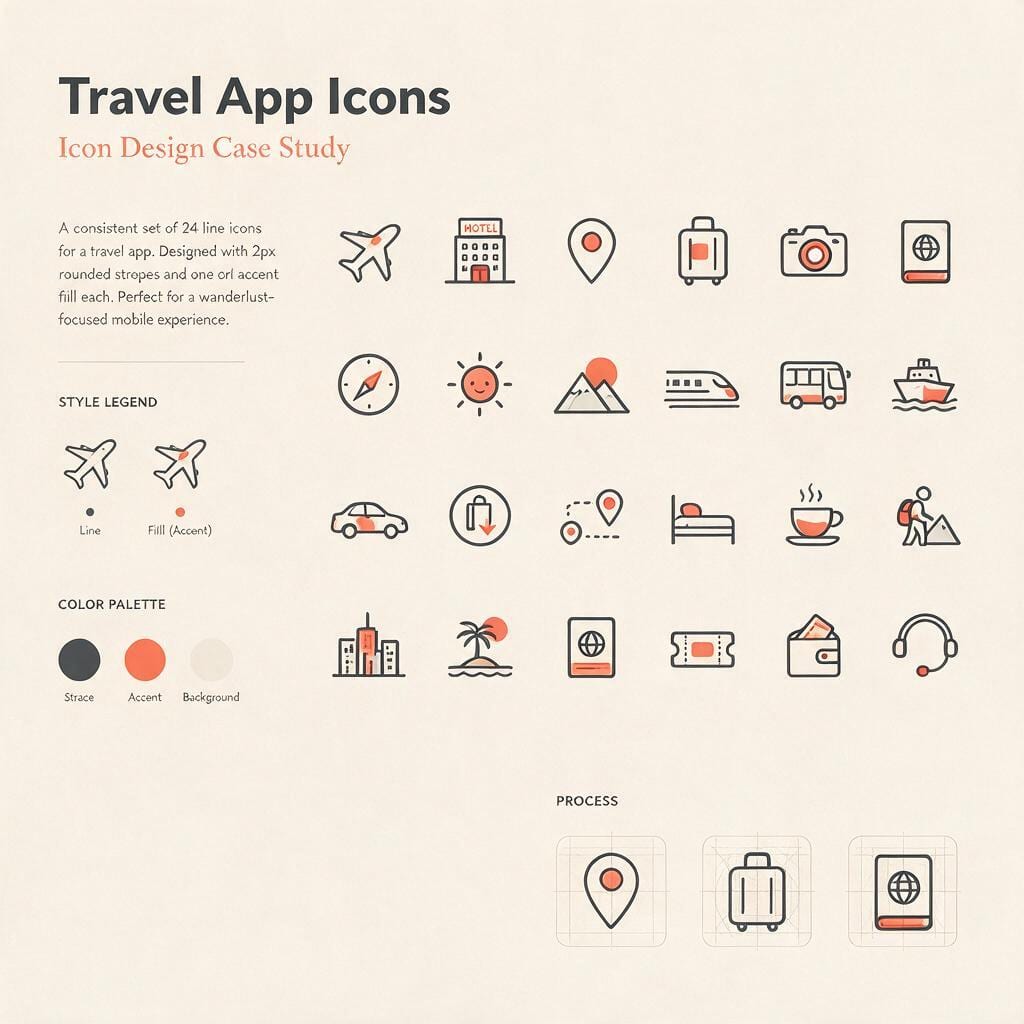 Icon-Set mit 24 Linien-Icons für eine Reise-App, jeweils mit einem korallfarbenen Akzent