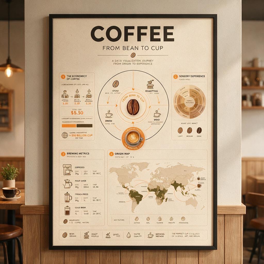 Gerahmte Infografik „Coffee – from bean to cup“ mit Kreisdiagramm, Aromenrad und Weltkarte an der Wand eines Cafés
