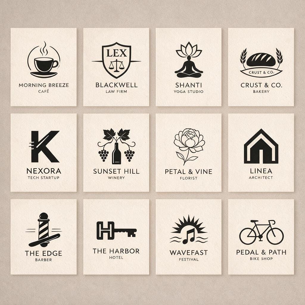 Zwölf Logos für erfundene Marken, vom Café über Kanzlei und Yogastudio bis zum Fahrradladen, schwarz auf hellen Kacheln