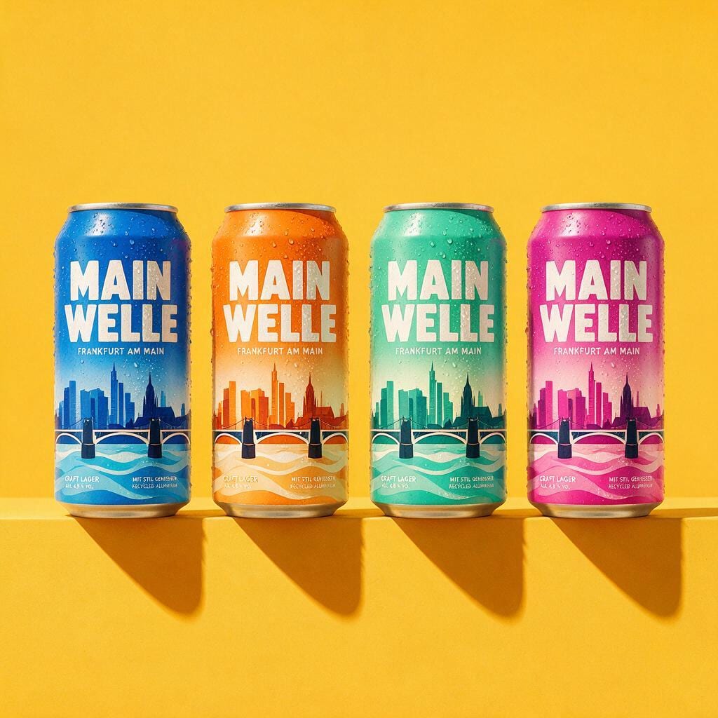 Vier Bierdosen „Mainwelle“ in Blau, Orange, Mint und Pink mit der Frankfurter Skyline und dem Main als Wellen