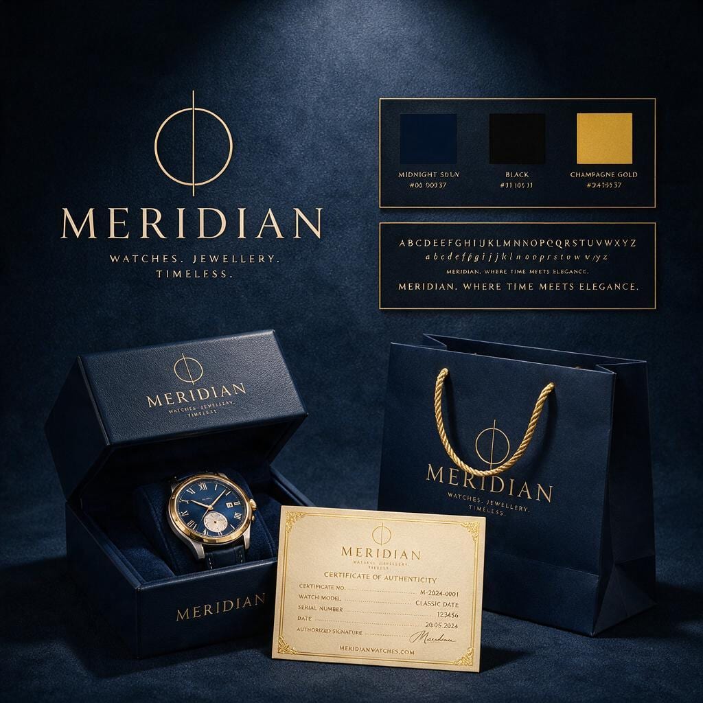 MERIDIAN Identity-Board auf blauem Wildleder: Logo aus Linie und Kreis, Wortmarke, Farben in Mitternachtsblau, Schwarz und Champagnergold, Uhrenbox und Tasche