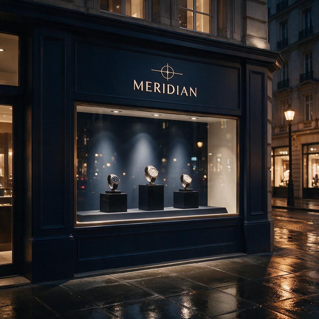 MERIDIAN Schaufenster bei Nacht: goldene Wortmarke über dem Fenster, drei Uhren auf schwarzen Sockeln im Spotlicht