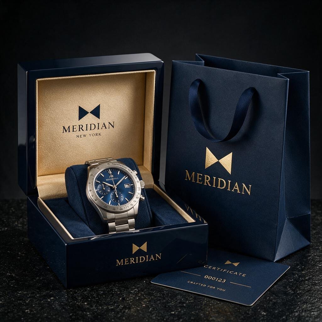 Geöffnete MERIDIAN Uhrenbox in Lackblau mit Chronograph, dazu Tragetasche und Zertifikat auf schwarzem Stein