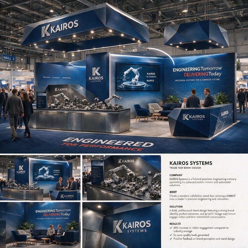 Messestand „Kairos Systems“ in Dunkelblau und Silber mit Leuchtwänden, LED-Bildschirm und Besuchern