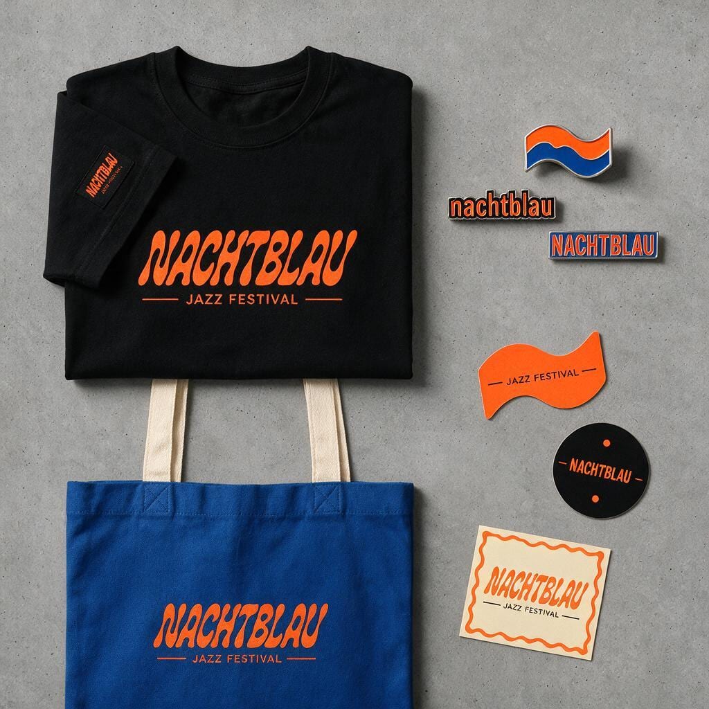 NACHTBLAU Merchandise: schwarzes T-Shirt, blaue Stofftasche, Pins und Aufkleber auf Beton