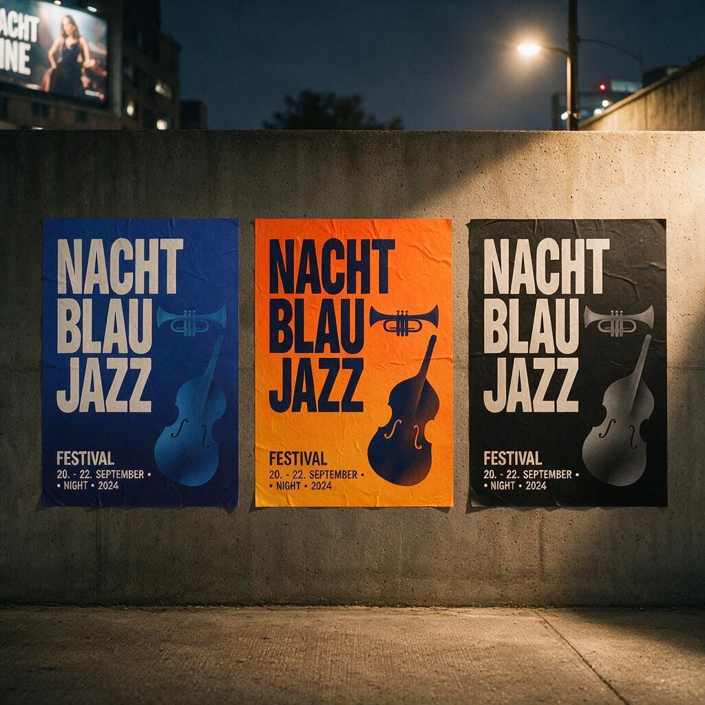 Drei NACHTBLAU Plakate nebeneinander an einer Betonwand bei Nacht, in Blau, Orange und Schwarz