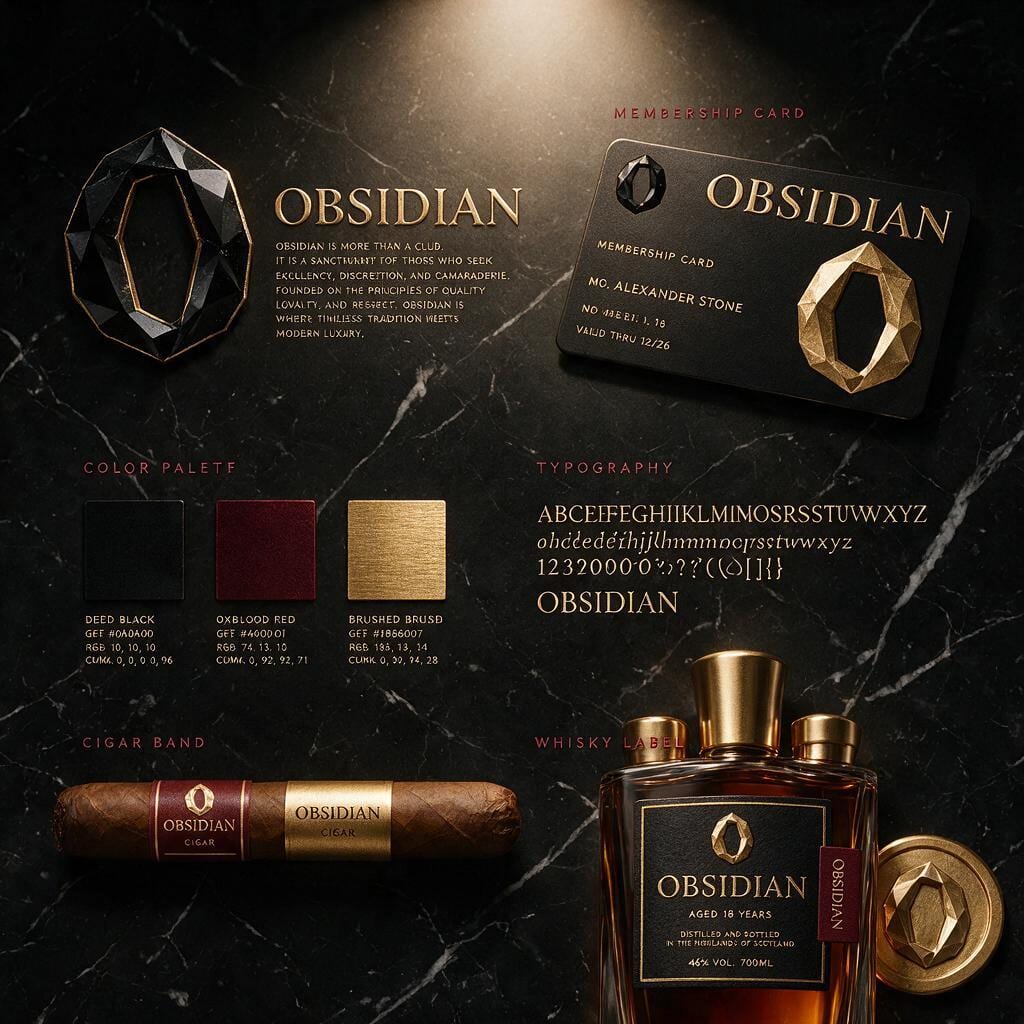 OBSIDIAN Identity-Board auf schwarzem Marmor: facettiertes Monogramm, Wortmarke, Farben in Schwarz, Ochsenblut und Messing, Mitgliedskarte und Anwendungen