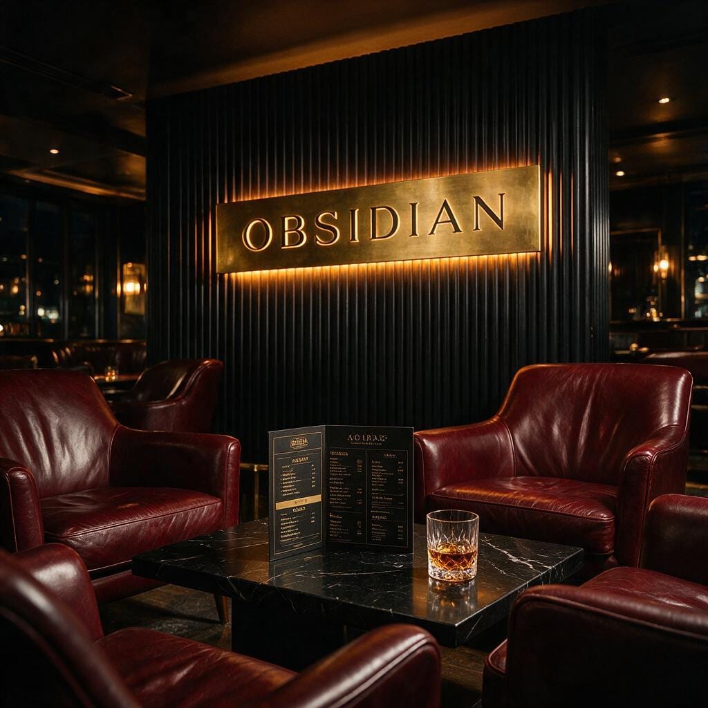OBSIDIAN Lounge bei Nacht: hinterleuchtetes Messingschild an schwarzer Lamellenwand, rote Ledersessel und Whisky-Karte auf Marmor