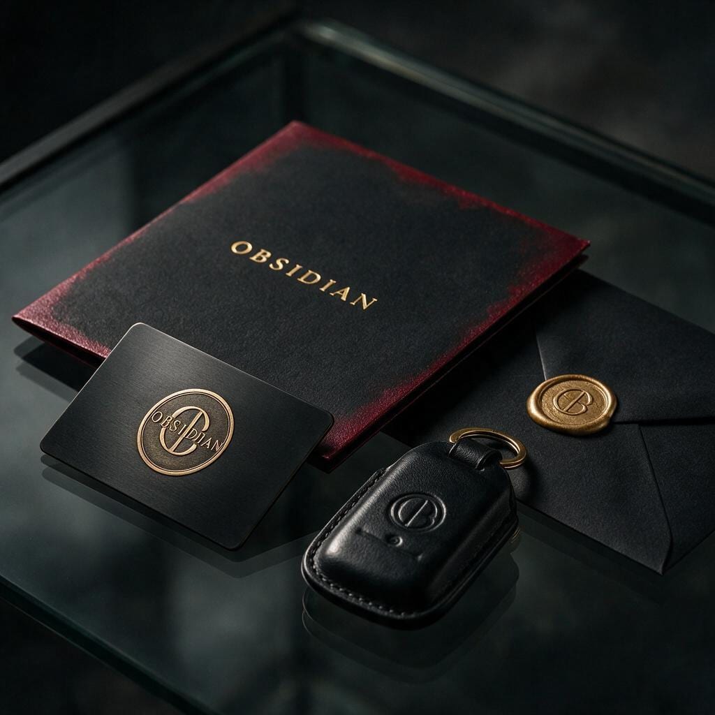 OBSIDIAN Mitgliedschaft: schwarze Metallkarte mit Messingmonogramm, Schlüsselanhänger aus Leder, Einladung mit rotem Farbschnitt und Umschlag mit Siegel