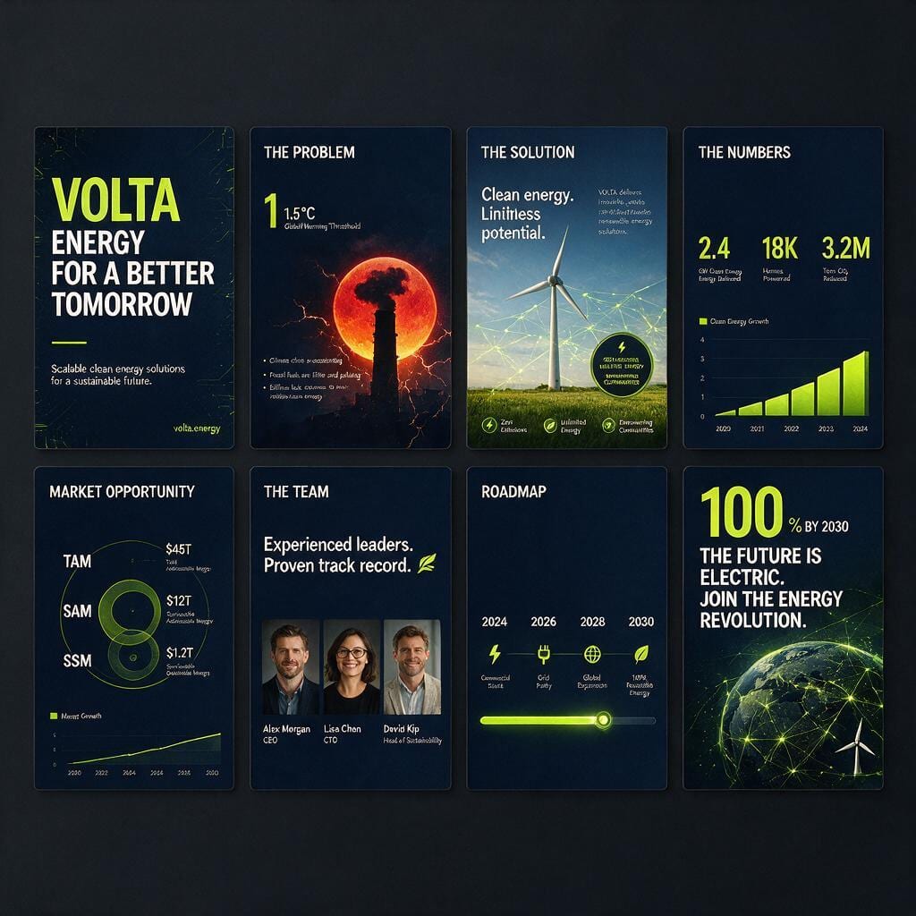 Acht Folien des Pitch Decks „Volta“ in Navy und Neongrün mit großen Zahlen, Diagrammen und Roadmap