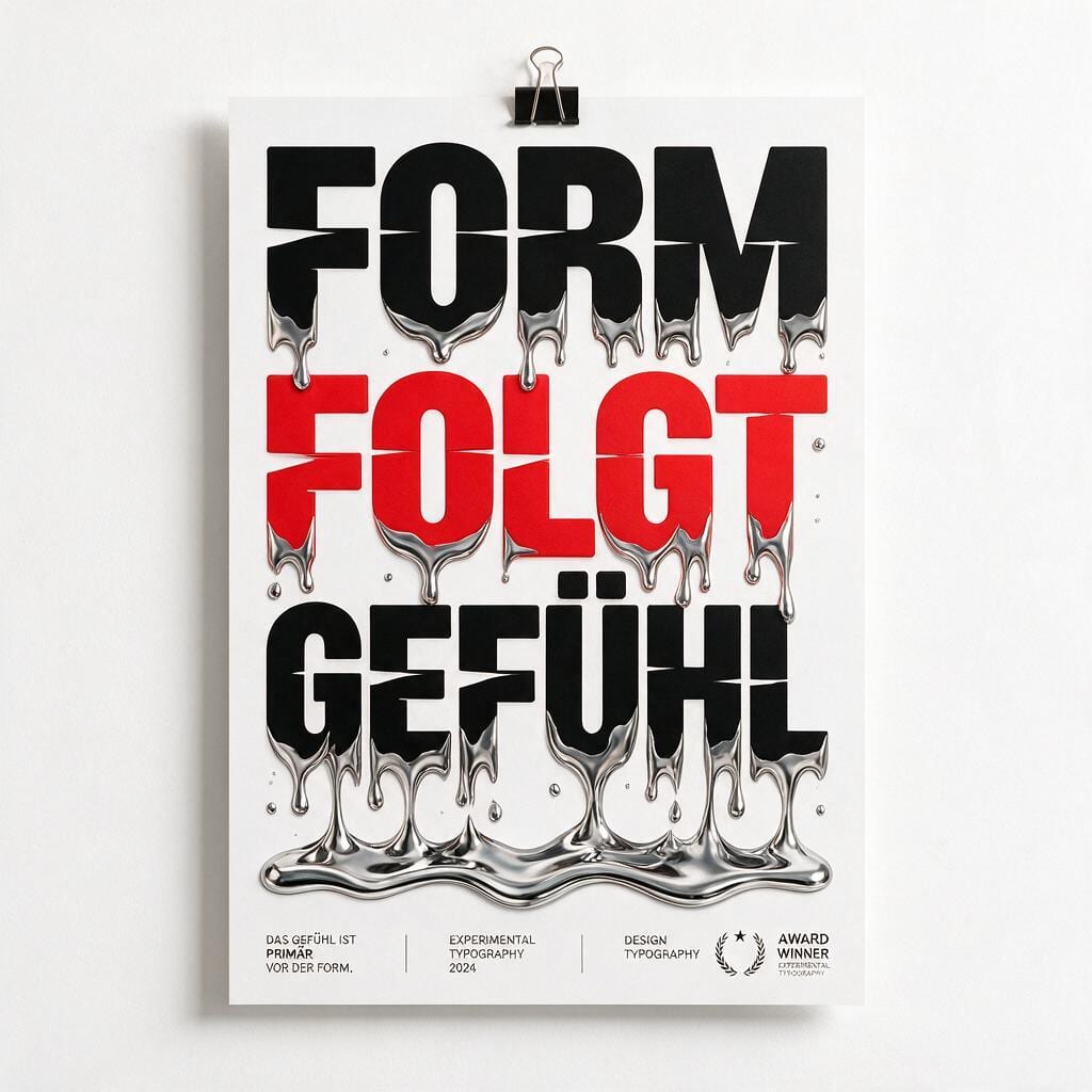 Typografisches Plakat „Form folgt Gefühl“ mit schwarzen und roten Buchstaben, die in flüssiges Chrom zerlaufen