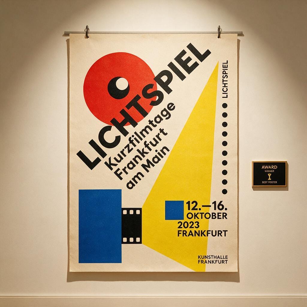 Plakat „Lichtspiel – Kurzfilmtage Frankfurt“ im Bauhaus-Stil mit rotem Kreis, gelbem Dreieck und blauem Quadrat