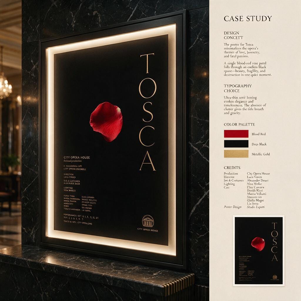 Opernplakat „Tosca“: ein rotes Rosenblatt auf Schwarz mit schmaler Goldschrift in einem beleuchteten Schaukasten