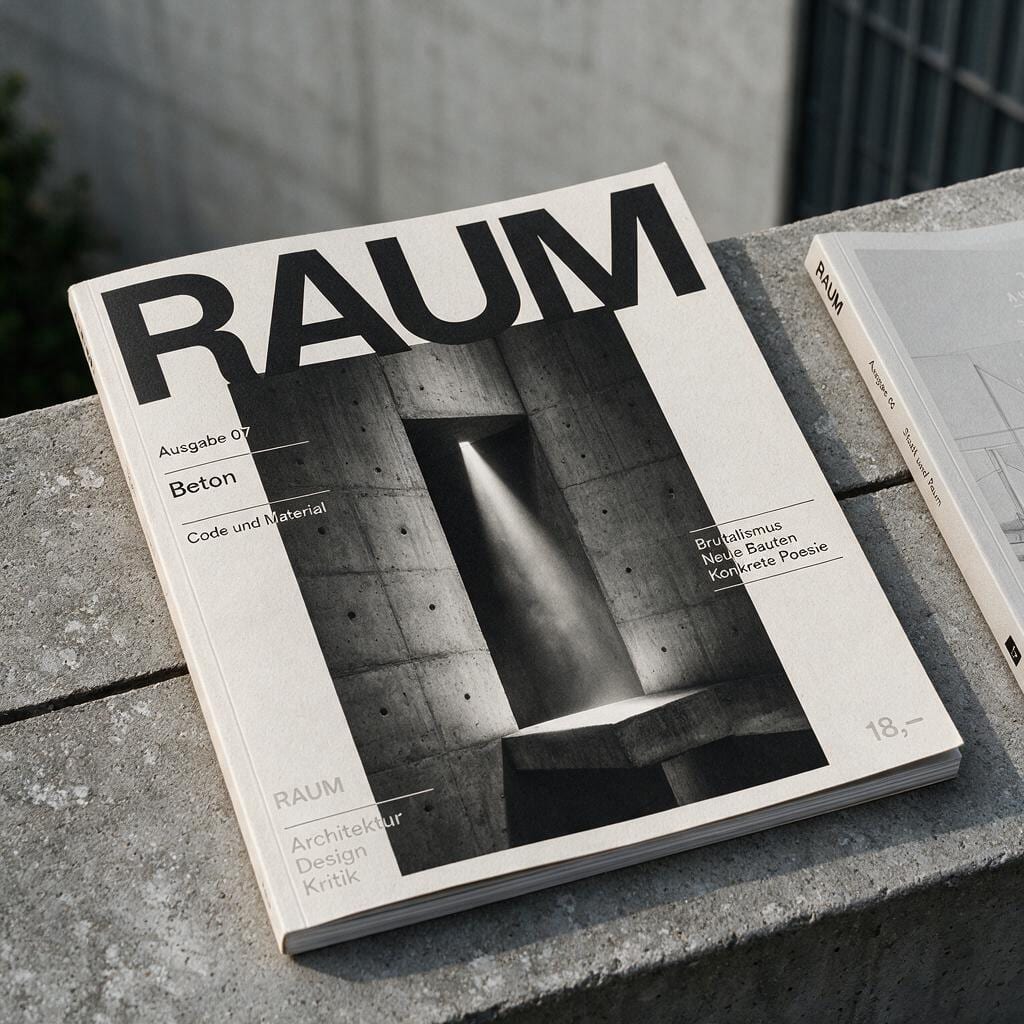 RAUM Magazincover mit großem Titel und Schwarzweißfoto von Betonarchitektur auf einer Betonbank