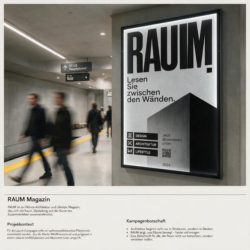 Beleuchtetes RAUM Plakat „Lesen Sie zwischen den Wänden.“ in einer U-Bahn-Station mit vorbeigehenden Menschen