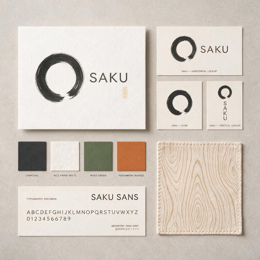 SAKU Identity-Board: Ensō-Logo in Varianten, Farbmuster in Anthrazit, Reispapierweiß, Moosgrün und Kaki, Schriftmuster und Holzmaserung