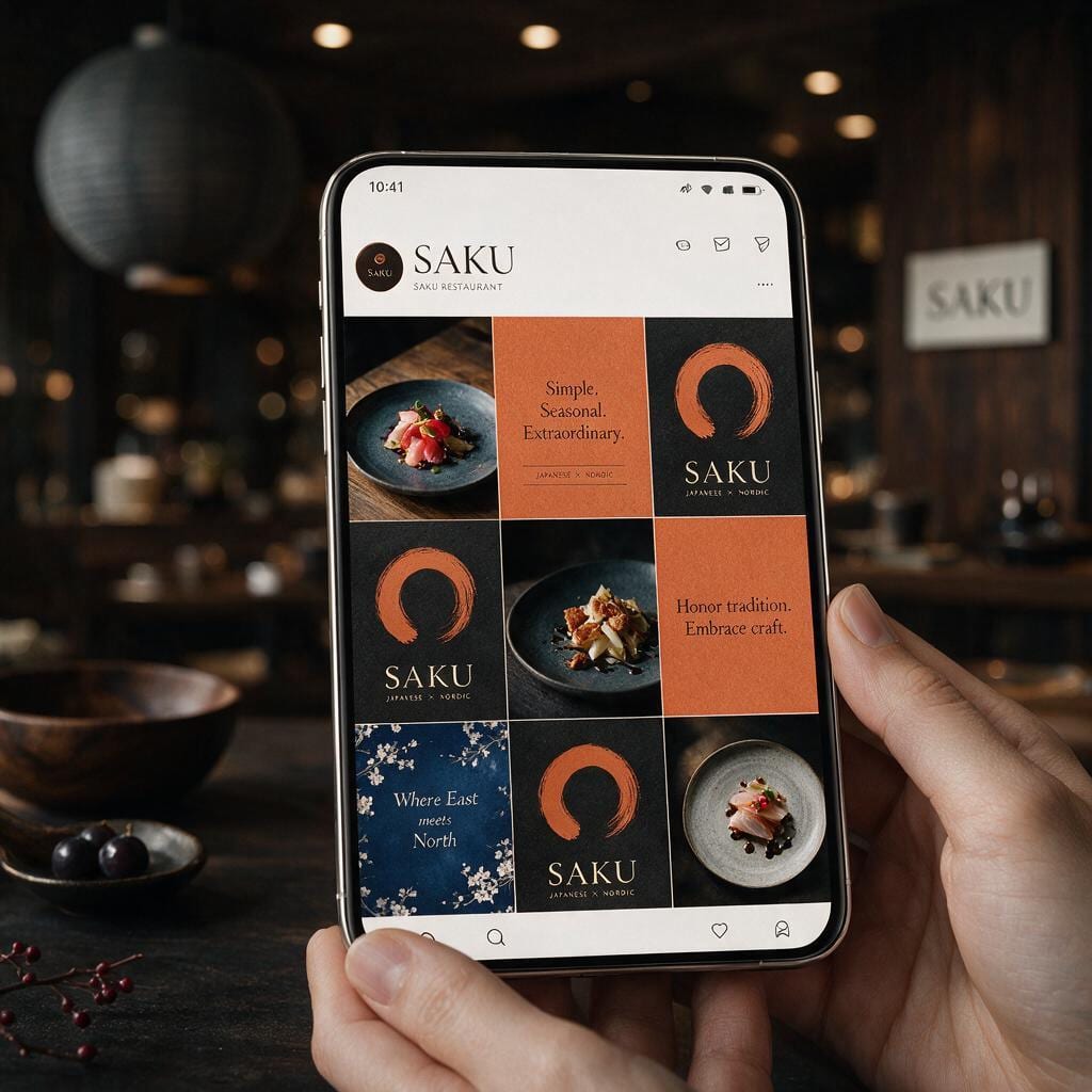 Smartphone mit dem SAKU Instagram-Raster aus Gerichten, orangefarbenen Zitatkacheln und Logo-Kacheln