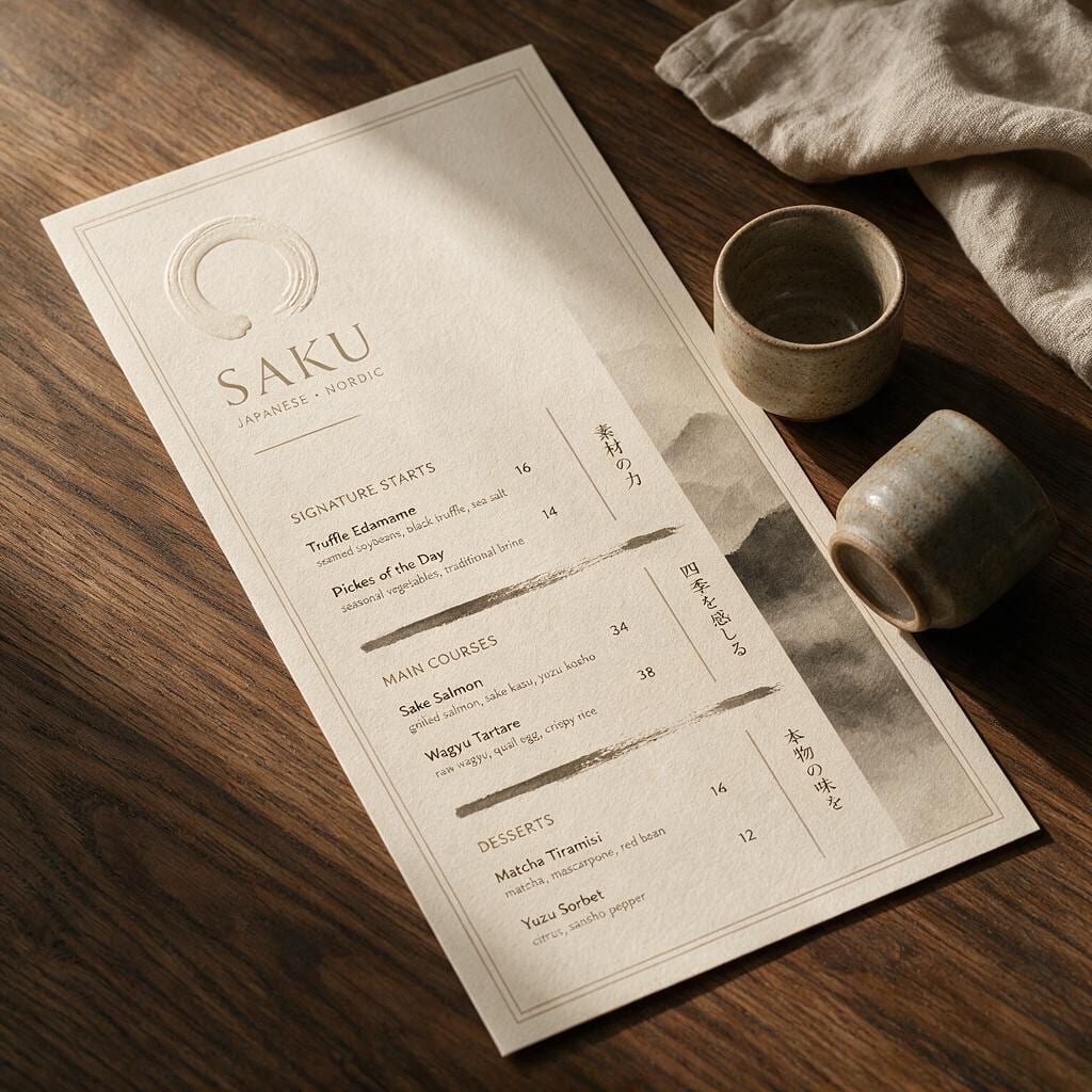 SAKU Speisekarte auf cremefarbenem Papier mit blindgeprägtem Ensō auf einem dunklen Eichentisch neben Sakeschalen