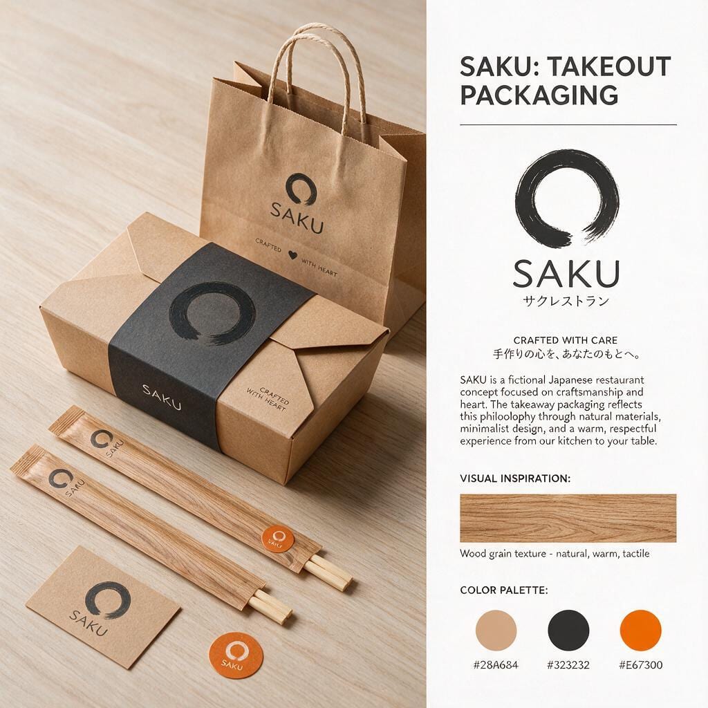 SAKU Take-away-Verpackung: Kraftpapier-Box mit Banderole, bedruckte Stäbchenhüllen, Aufkleber und Papiertüte