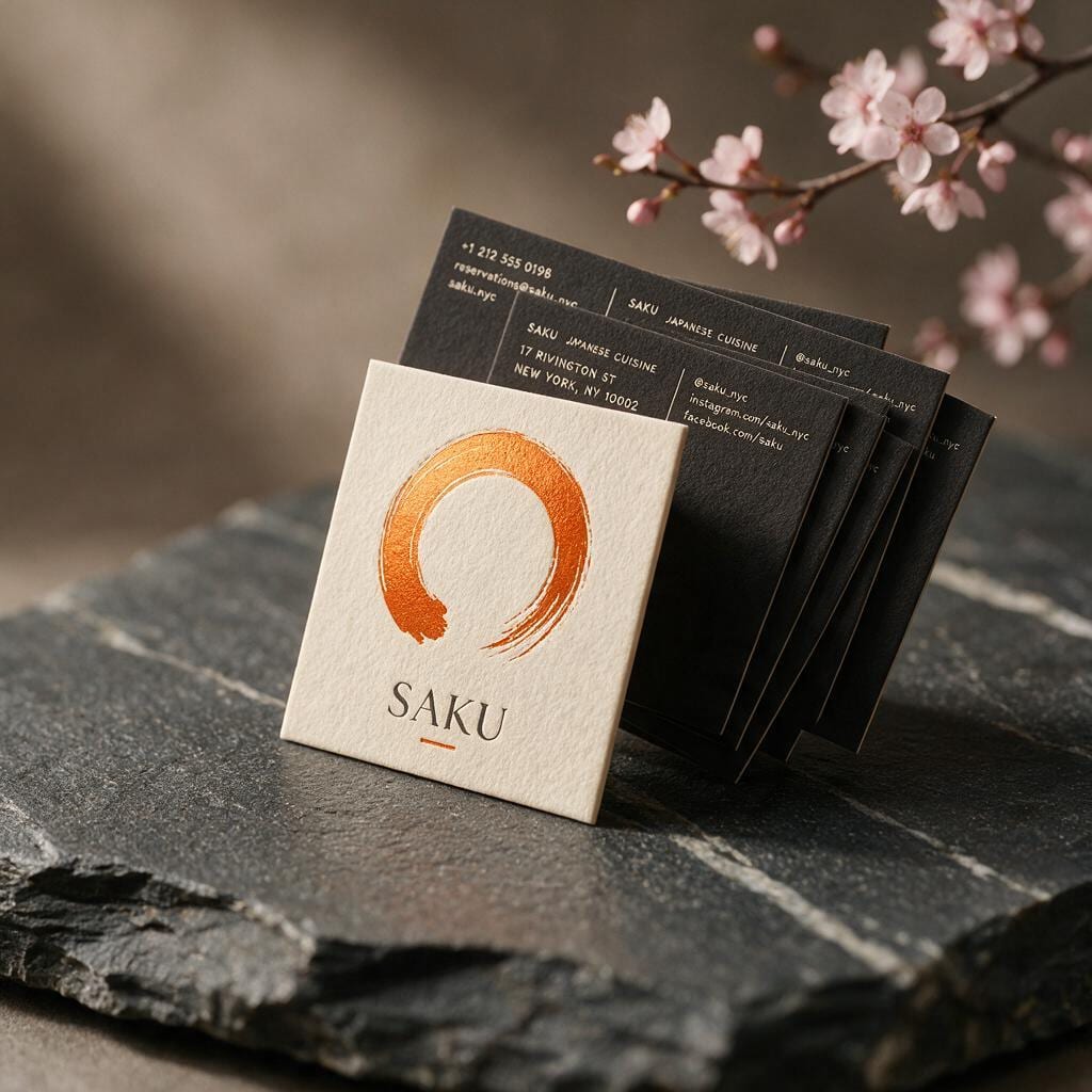 SAKU Visitenkarten mit orangefarbenem Ensō in Folienprägung, aufgefächert auf Schiefer, daneben ein Kirschblütenzweig