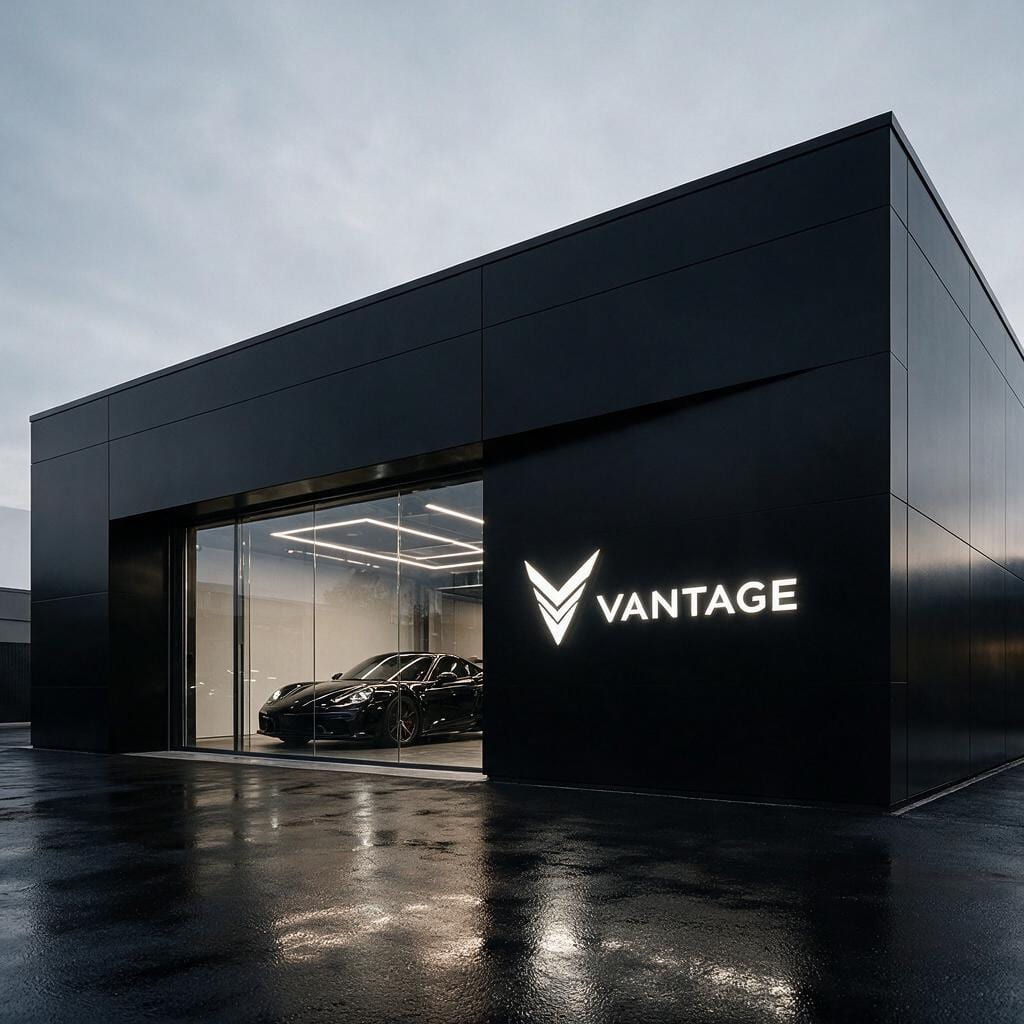 VANTAGE Studio bei Nacht: schwarze Fassade mit leuchtendem Logo, hinter der Glasfront ein schwarzer Sportwagen unter Lichtlinien