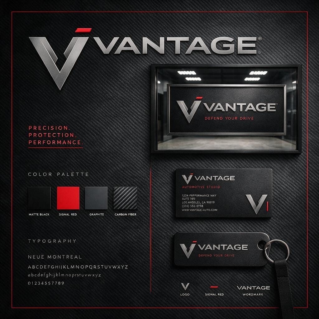 VANTAGE Identity-Board auf Carbon: Chevron-Logo, breite Wortmarke, Farben in Schwarz, Graphit, Titan und Signalrot, Schlüsselanhänger und Visitenkarte