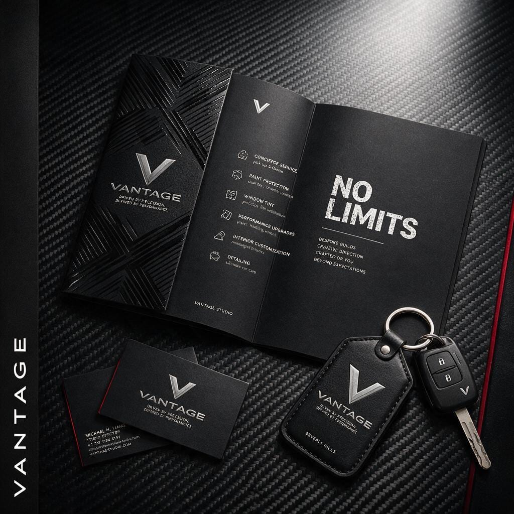 VANTAGE Broschüre in Mattschwarz mit Chevron-Muster, Visitenkarten mit Silberprägung, Lederanhänger und Autoschlüssel auf Carbon