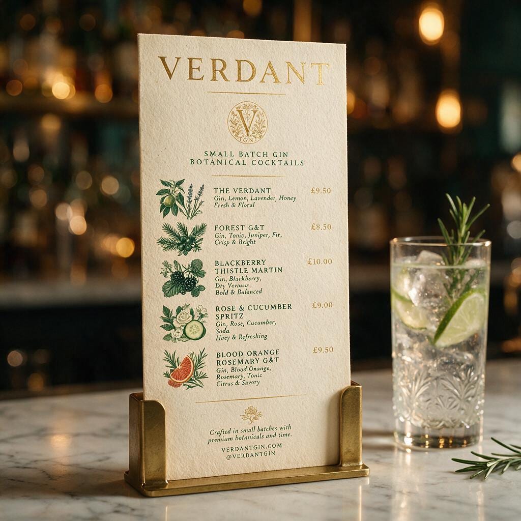 Verdant Cocktailkarte mit botanischen Illustrationen in einem Messinghalter neben einem Gin Tonic