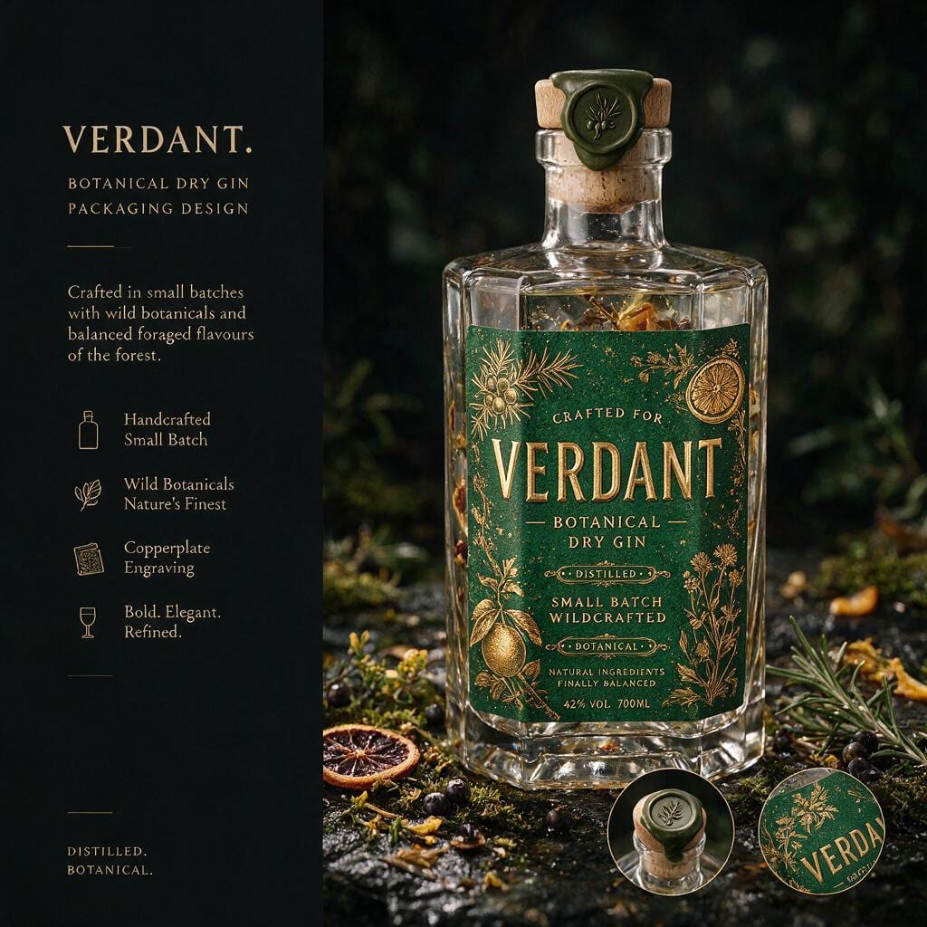 Verdant Gin-Flasche mit smaragdgrünem Etikett, Kupferstich-Kräutern und Goldschrift auf Moos und Stein