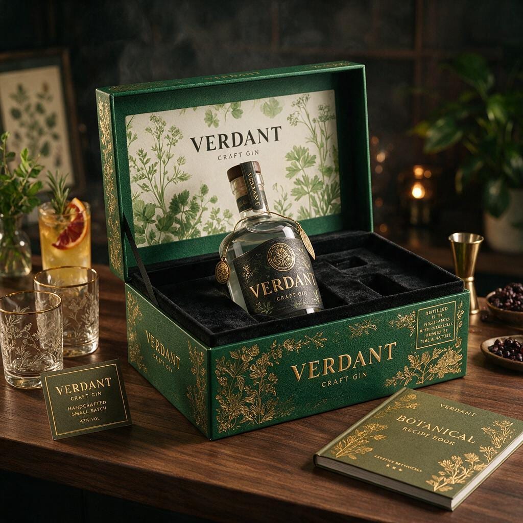 Geöffnete grüne Verdant Geschenkbox mit Flasche, Gläsern und Rezeptheft auf einer Bar