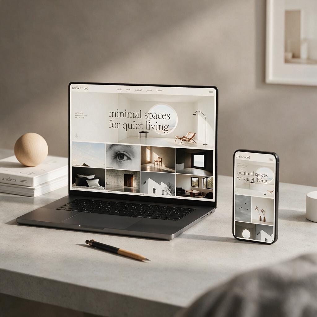 Laptop und Smartphone mit einer ruhigen, bildstarken Website „minimal spaces for quiet living“