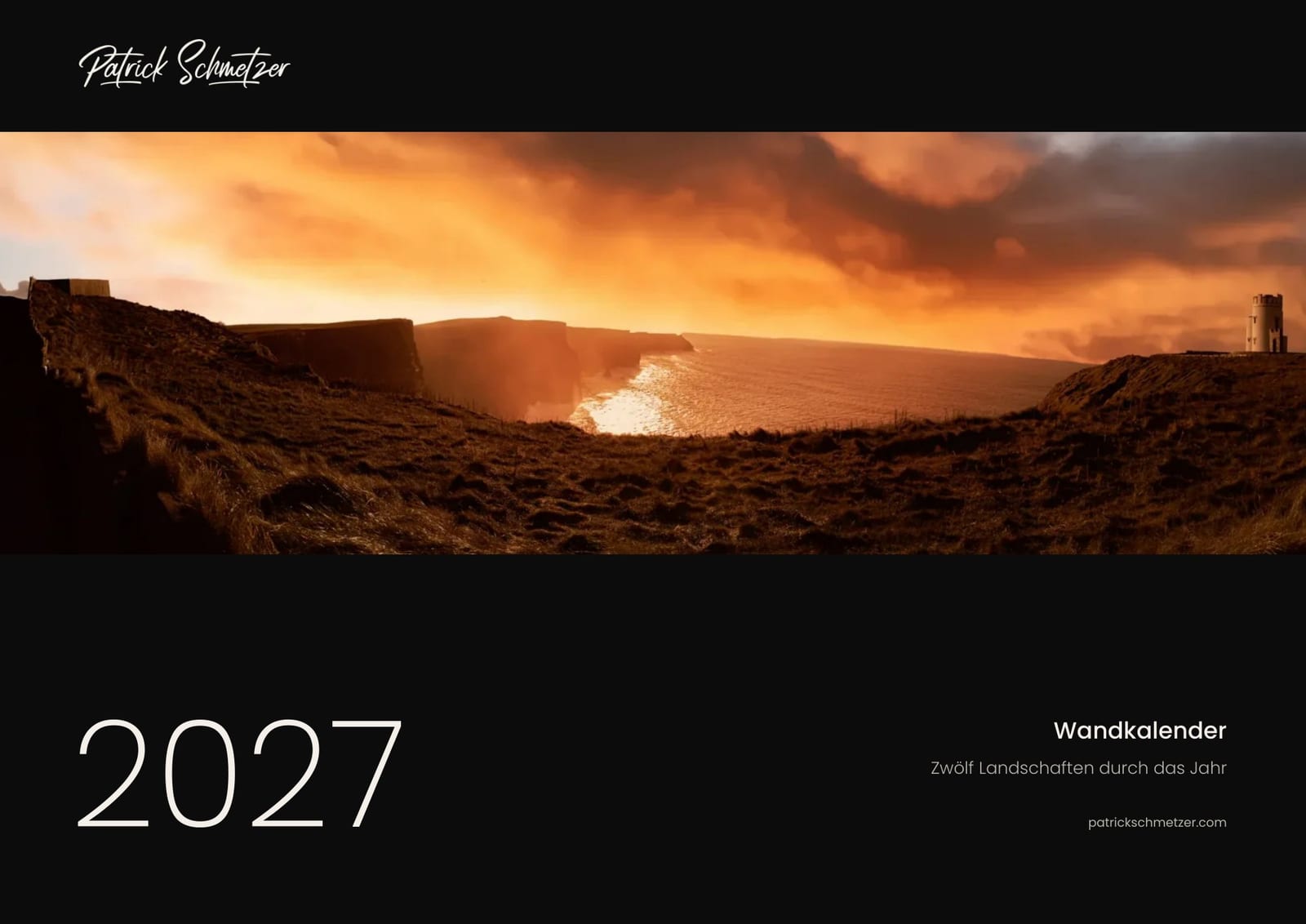 Cover of the 2027 wall calendar with sea cliffs in orange evening light