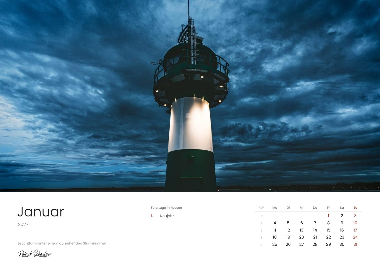 Calendar page January 2027: A lighthouse under a gathering storm sky