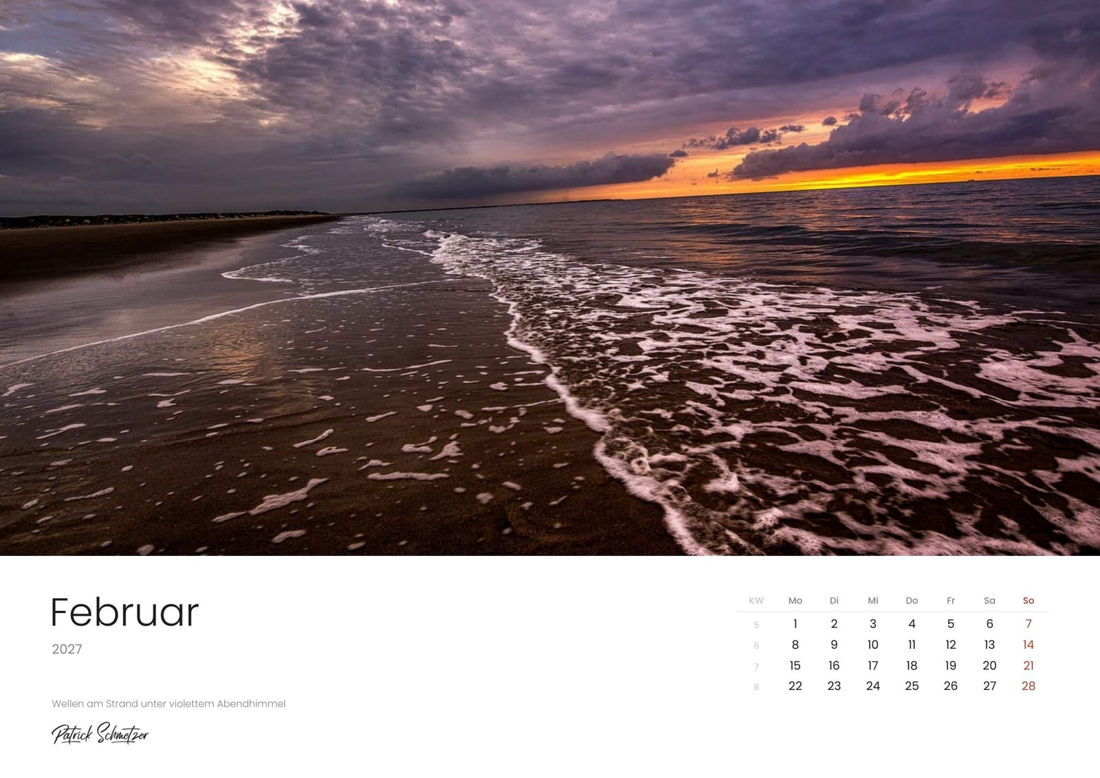 Calendar page February 2027: Waves on a beach under a violet evening sky