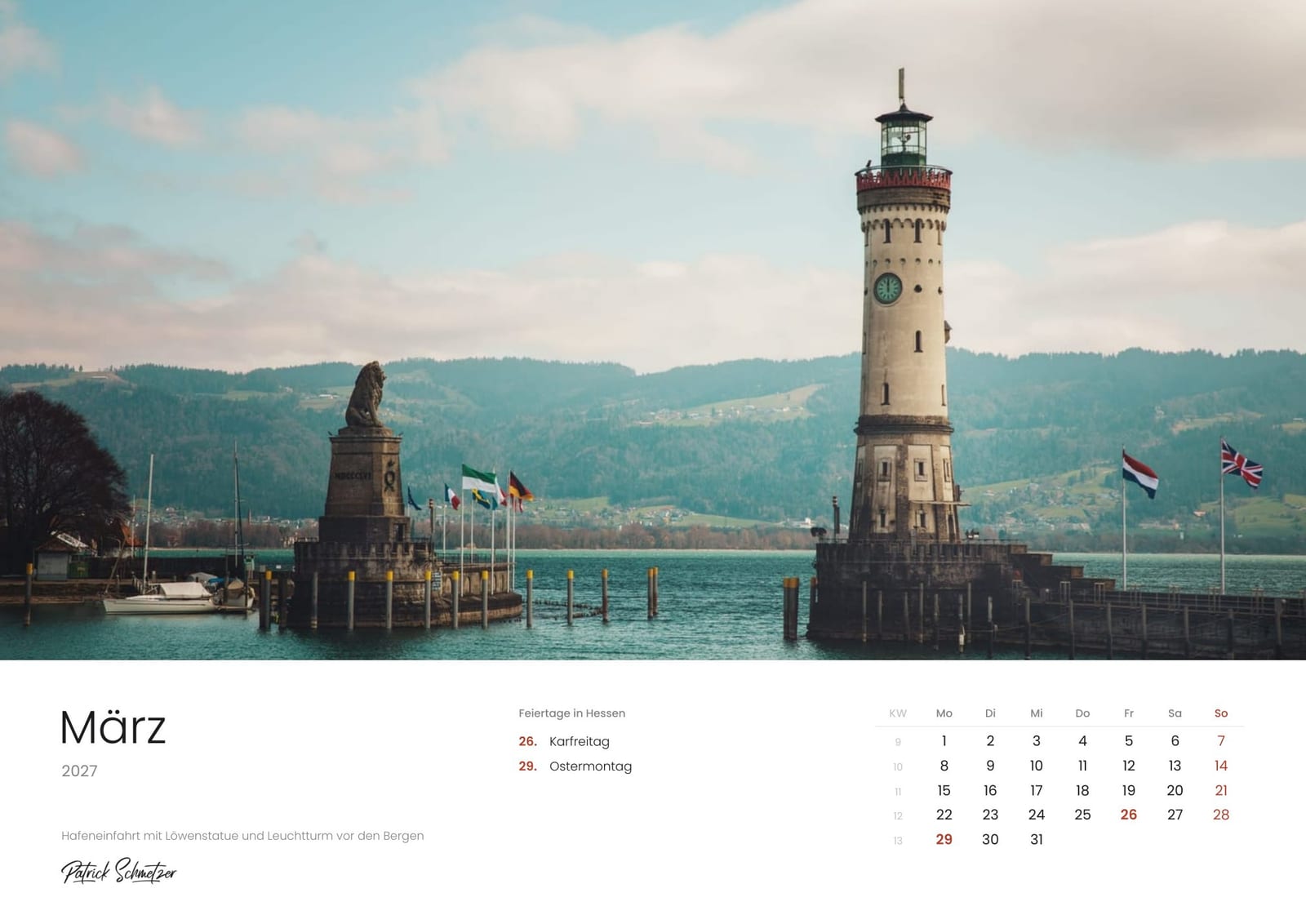 Calendar page March 2027: A harbor entrance with a lion statue and a lighthouse before the mountains