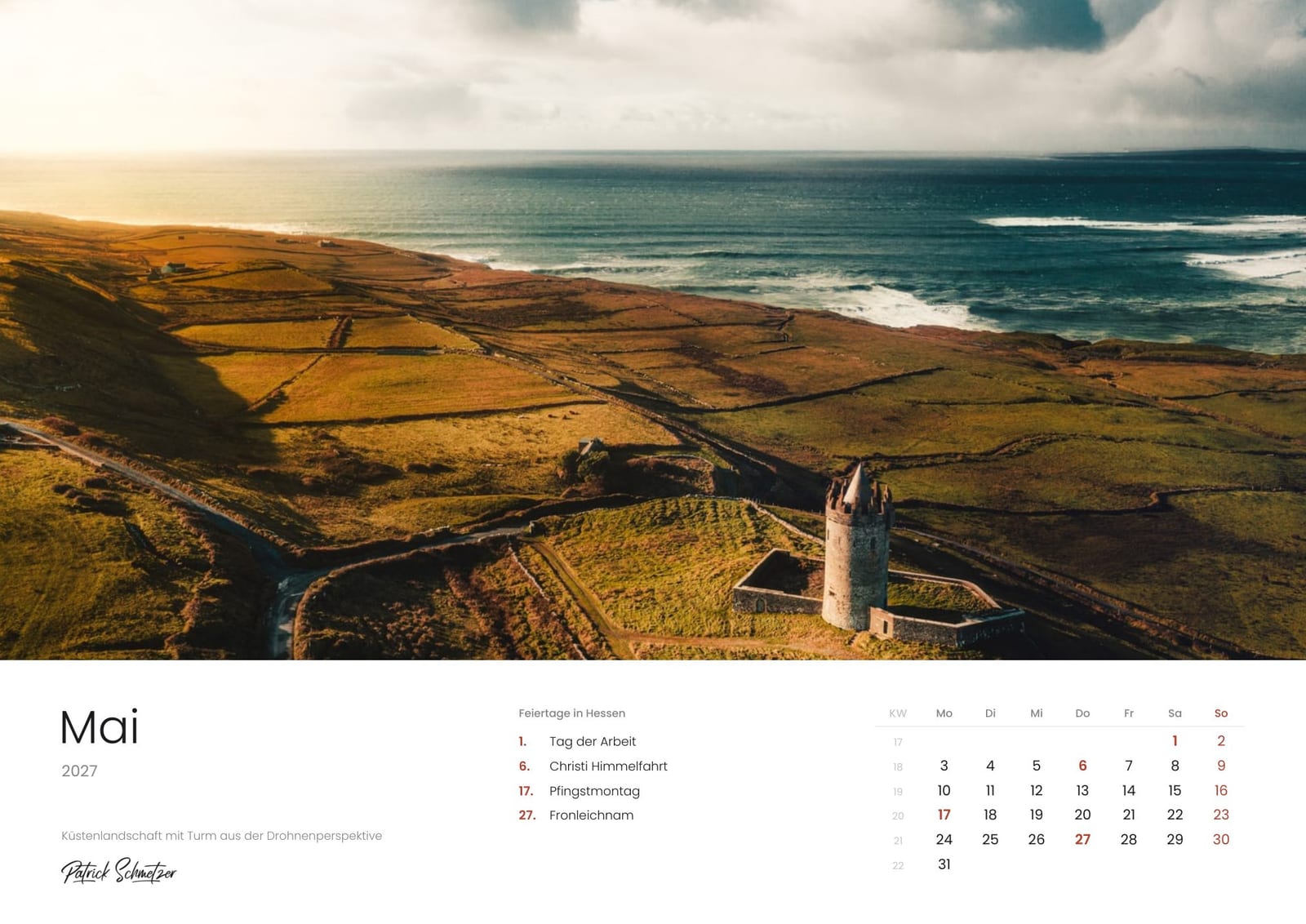 Calendar page May 2027: A coastline and its tower seen from the drone