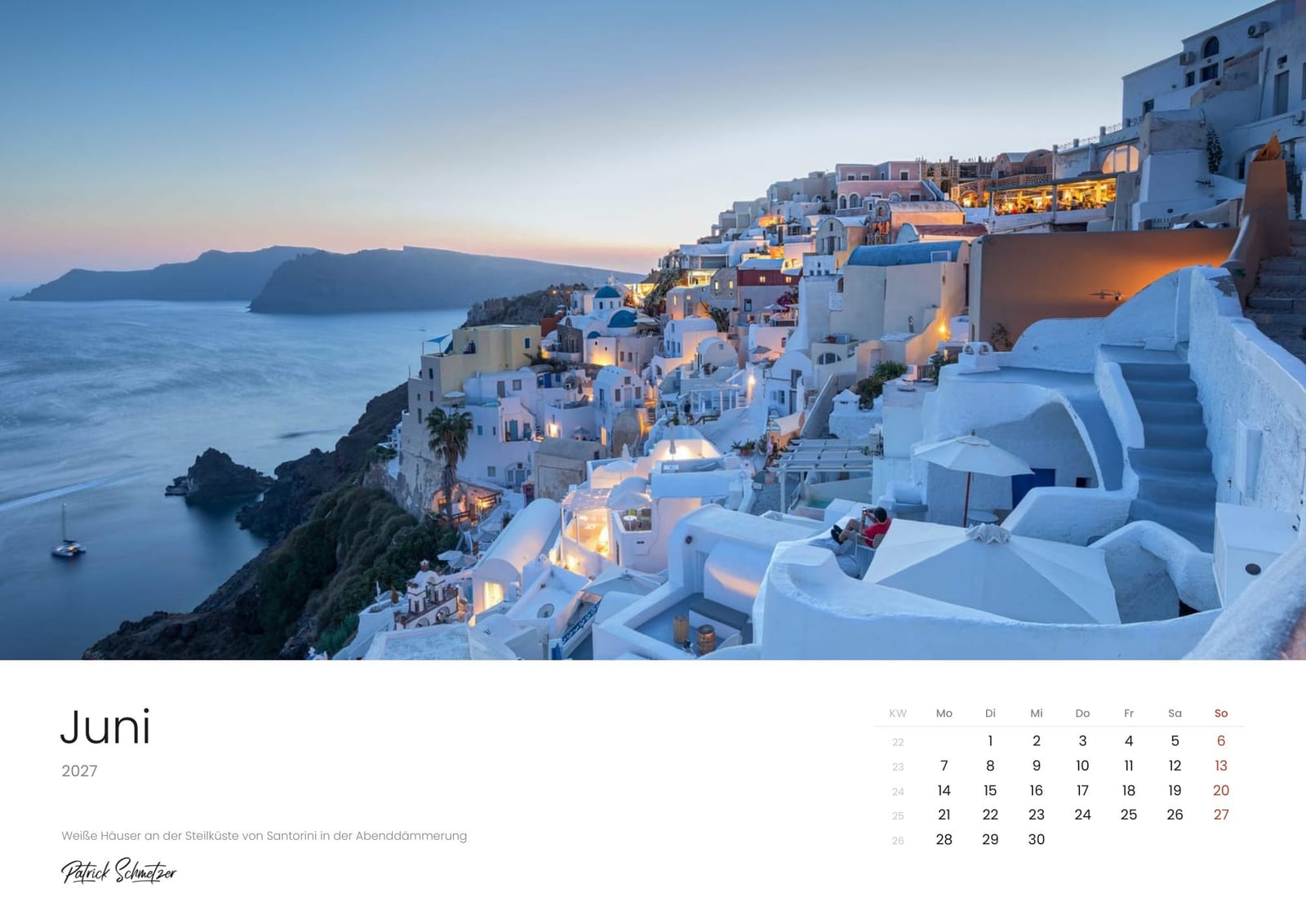 Calendar page June 2027: White houses on the cliffs of Santorini at dusk