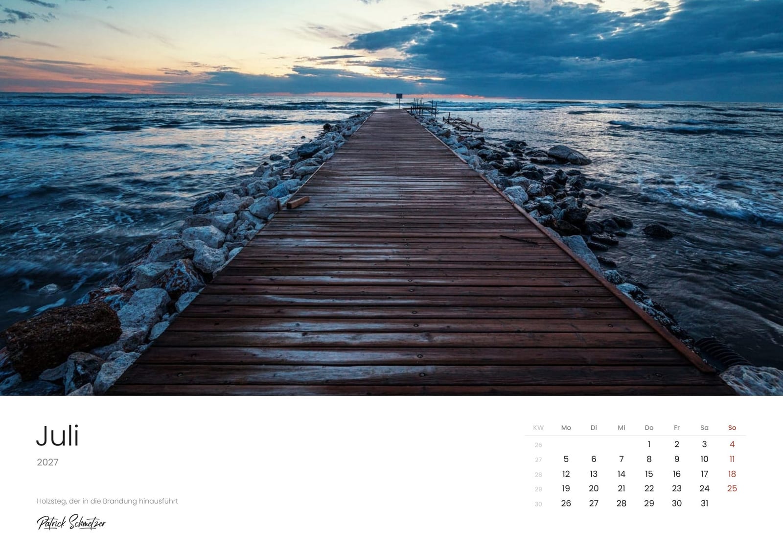 Calendar page July 2027: A wooden jetty running out into the surf