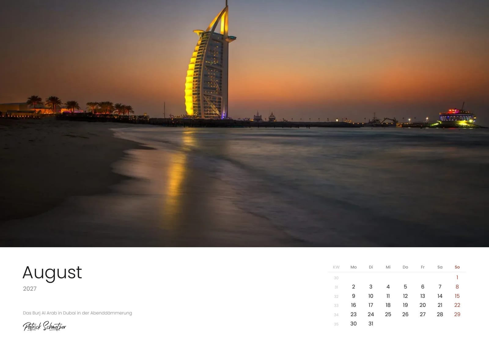 Calendar page August 2027: The Burj Al Arab in Dubai at dusk