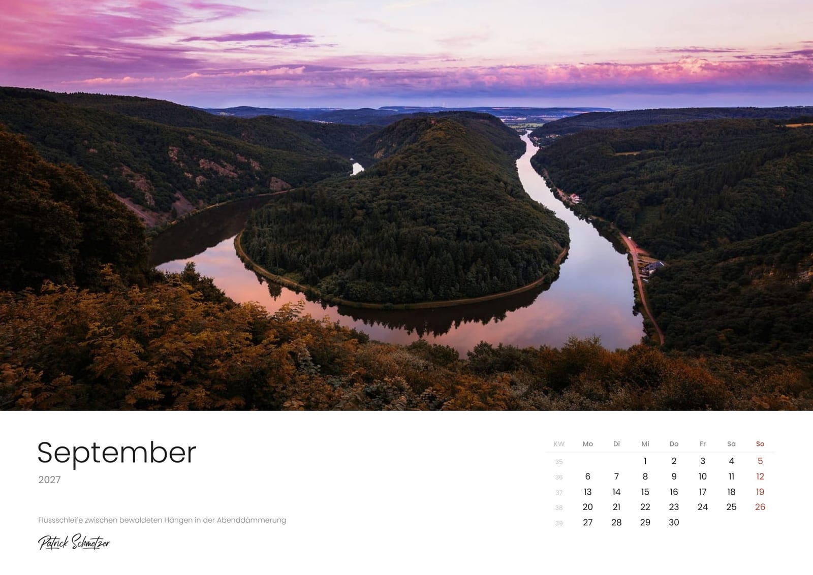 Calendar page September 2027: A river bend between wooded slopes at dusk