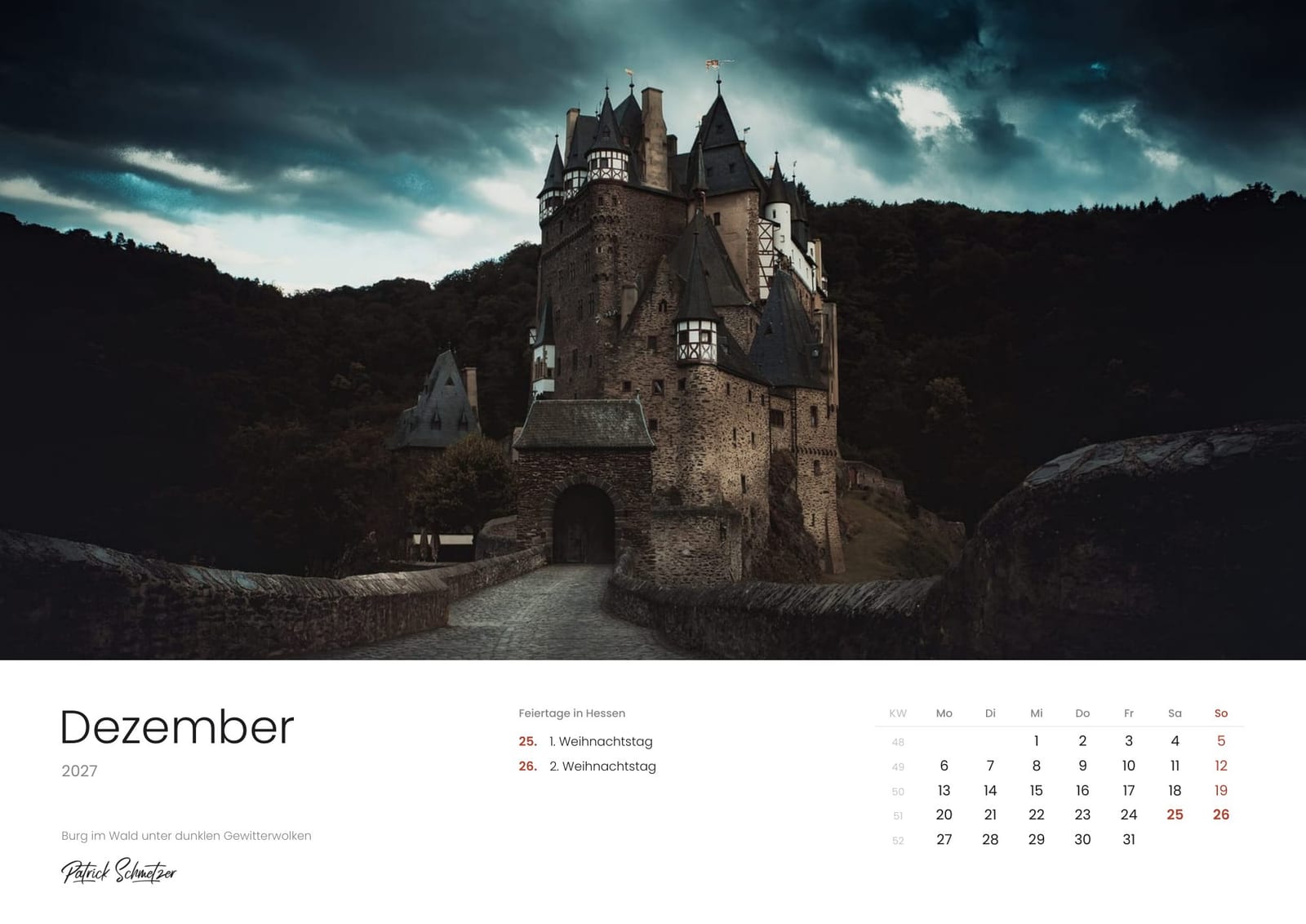 Calendar page December 2027: A castle in the forest under dark storm clouds